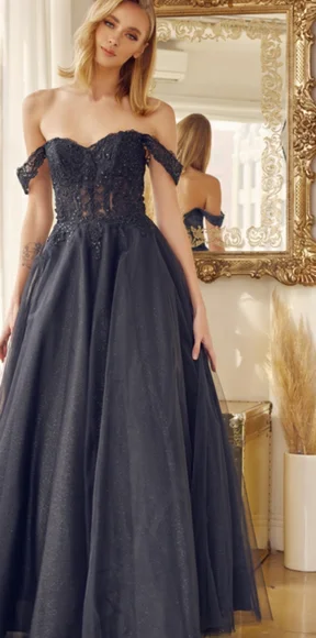 New long navy, royal, yellow, off the shoulder embroidered tulle ball gown dress - Picture 7 of 13